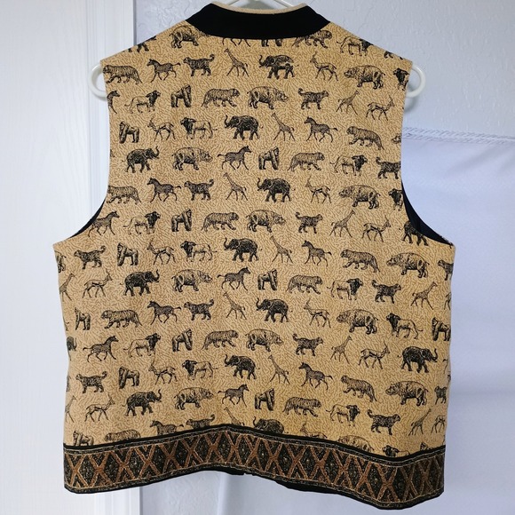 Stonebridge Linen Blend Zip Vest Jungle Safari Animals Women's Size L Tan Black - Picture 2 of 8